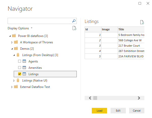 Selecting a Power BI dataflow